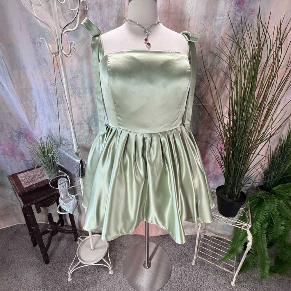 ๐Sage Green Lace Up Cocktail - Bridesmaid - Homecoming Dress w/ Wide Straps - Picture 2 of 16